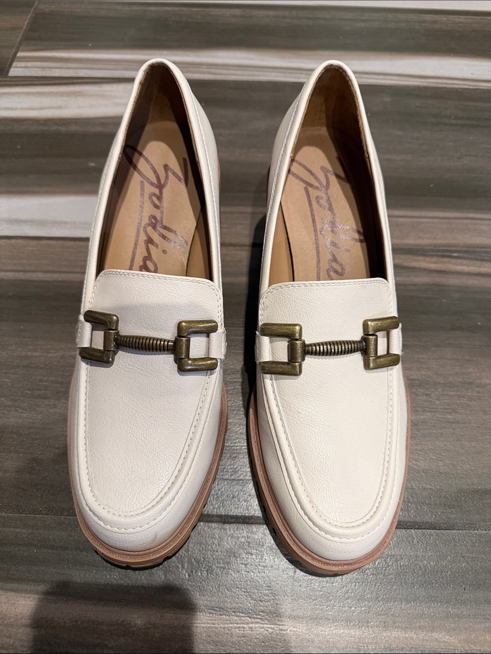 Zodiac Cream Leather Moccasin Loafers with Antique Brass Accent